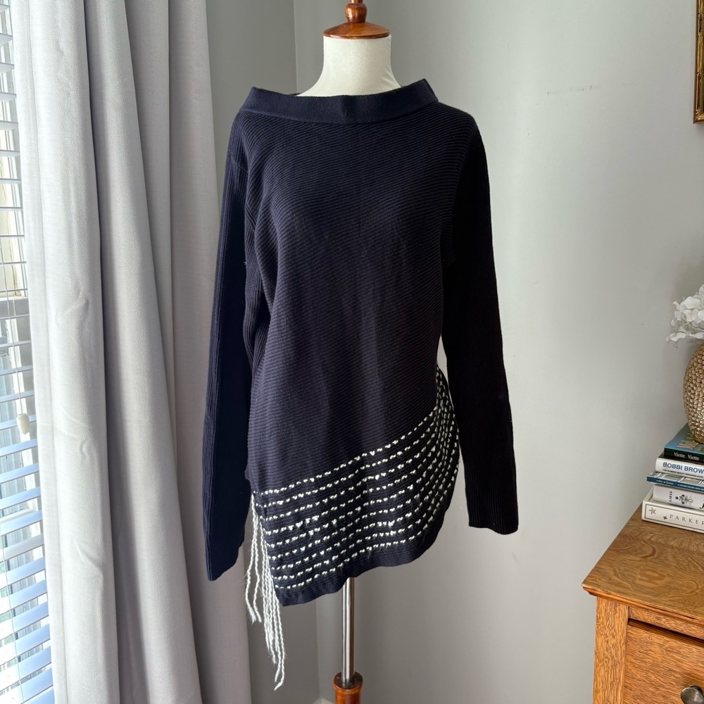 Soft Surroundings large Women's Black Sweater with Striped Detail fringe boho